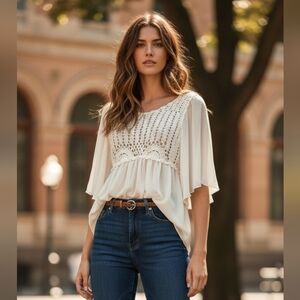 BFA Classics Vintage Style Boho Crochet Sheer Bell Sleeve Blouse - Medium